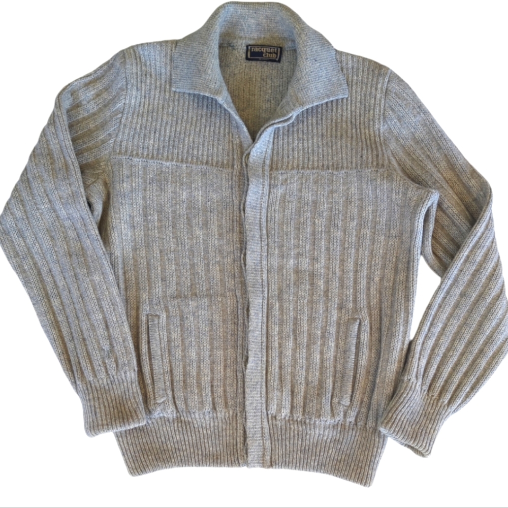 Racquet Club All Virgin Wool Shetland Collared Cardigan Sweater MEDIUM Gray
